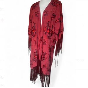 Free People Floral Fringe Kimono in Red